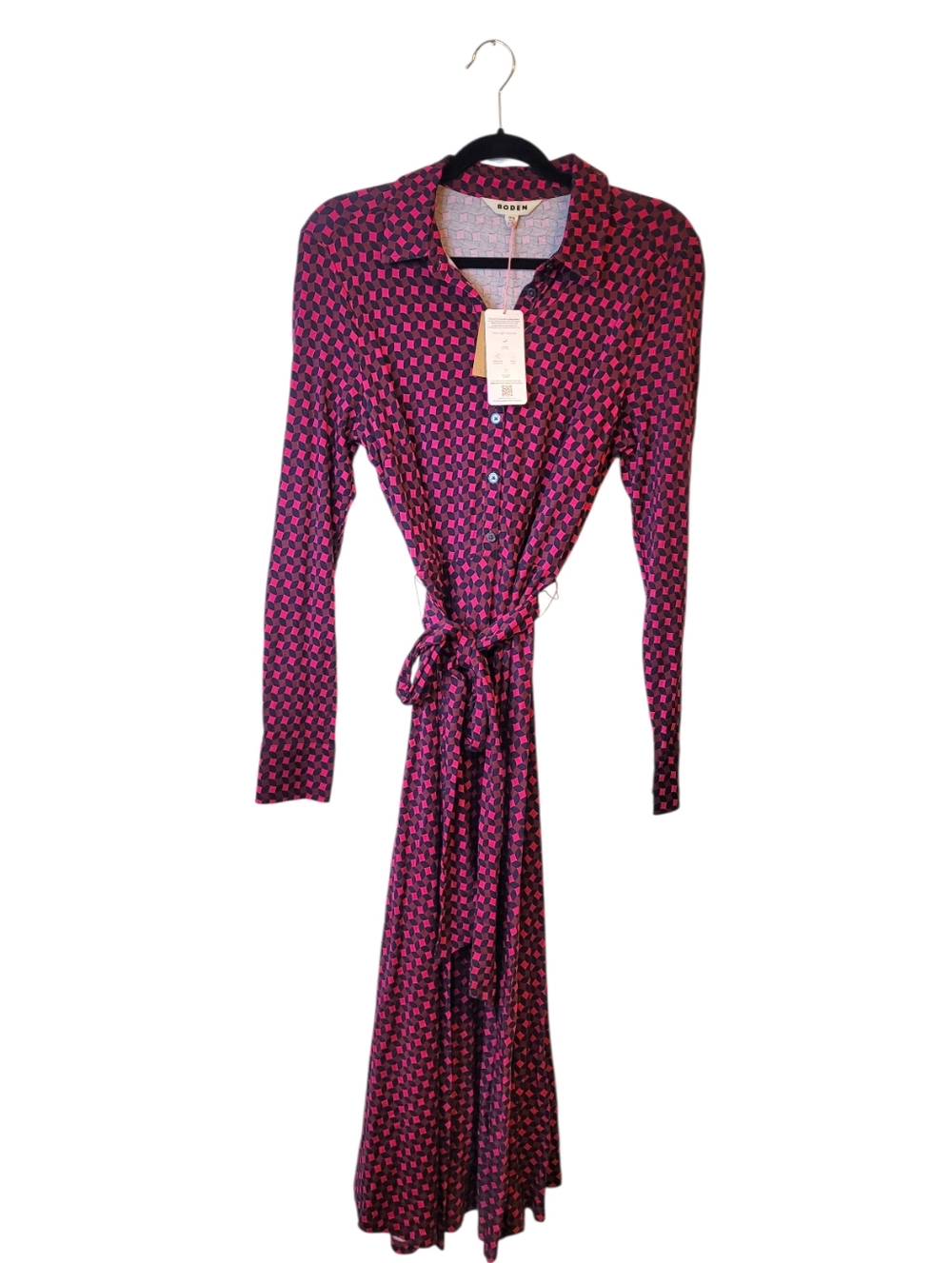 Boden Pink and Navy Blue Geometric Tencel Tie-Waist Shirt Dress Size 8L NWT - Picture 3 of 8